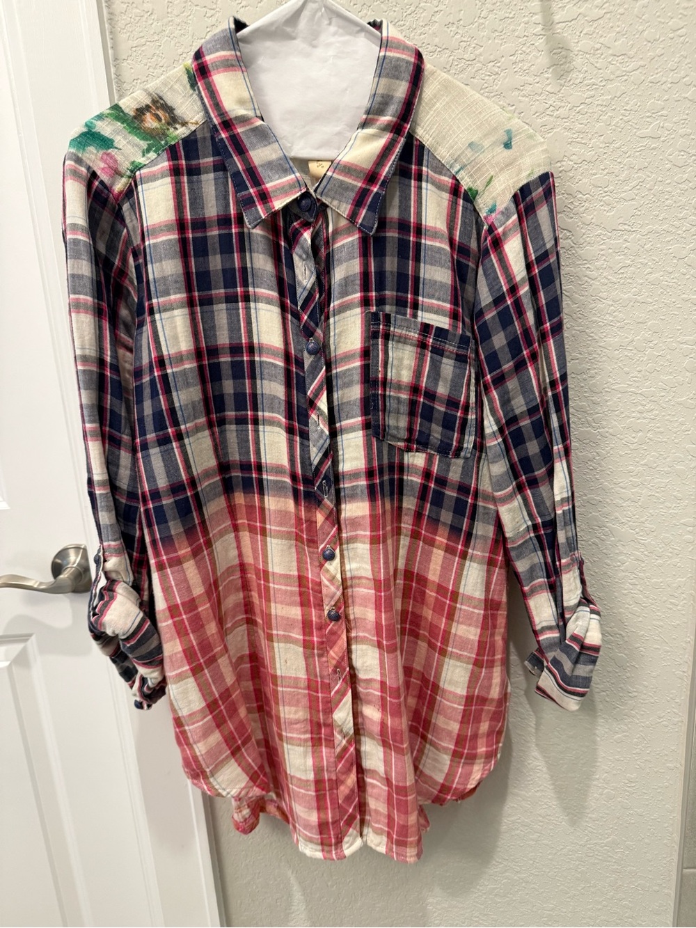 Women’s Plaid Button-Down Shirt in Navy and Pink with floral and lace panel